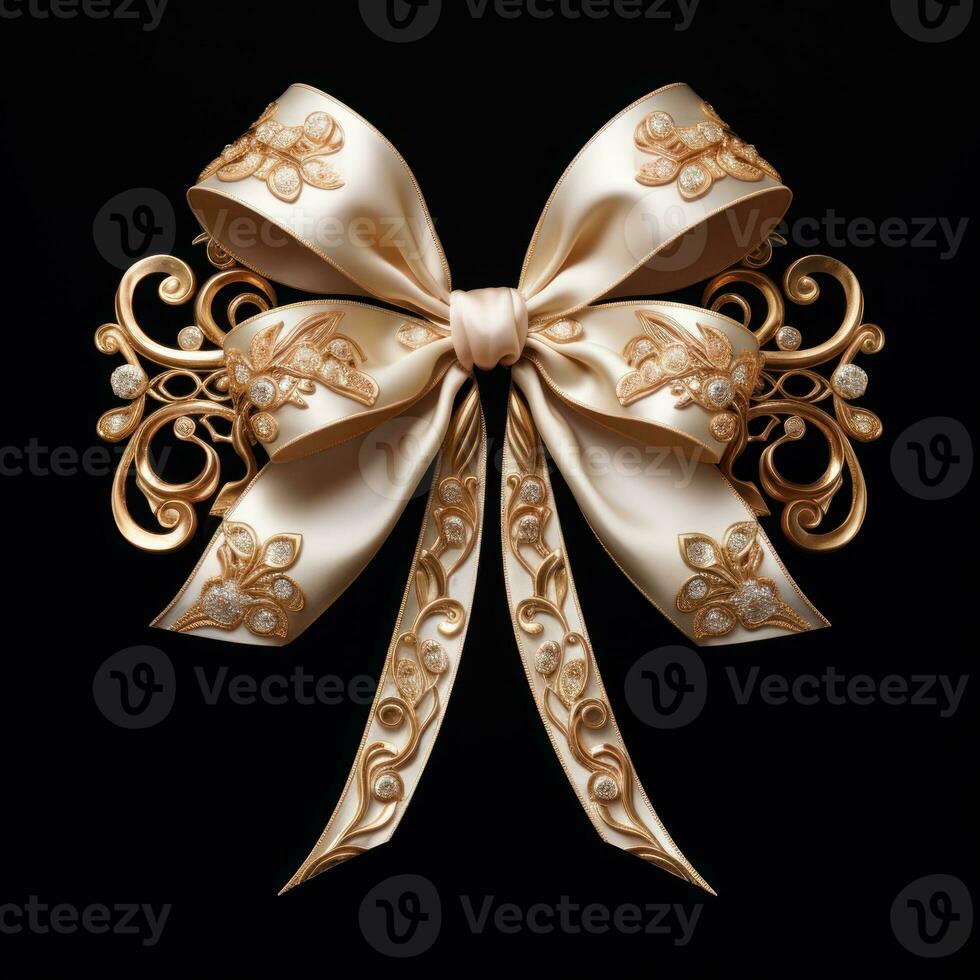 golden color ribbon bow on black background generative AI photo