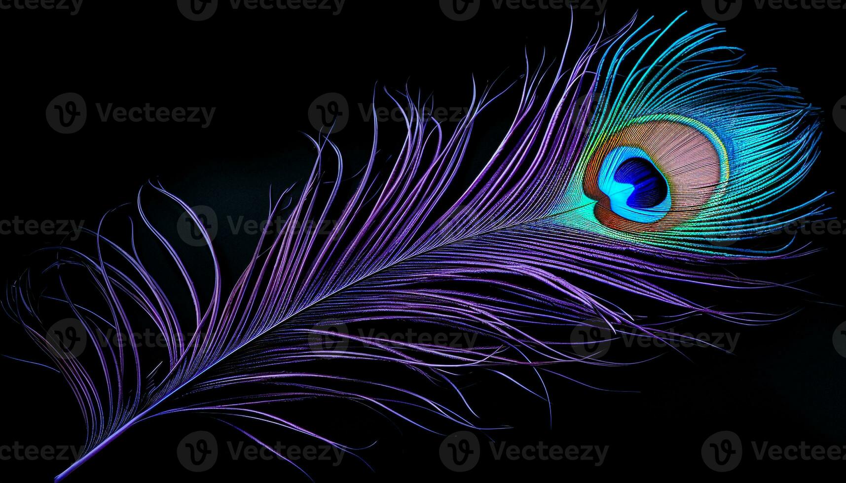 glowing Peacock feather on black background generative AI photo