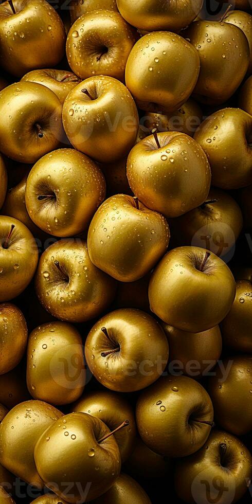 water drops visible on golden apples stock generative AI photo