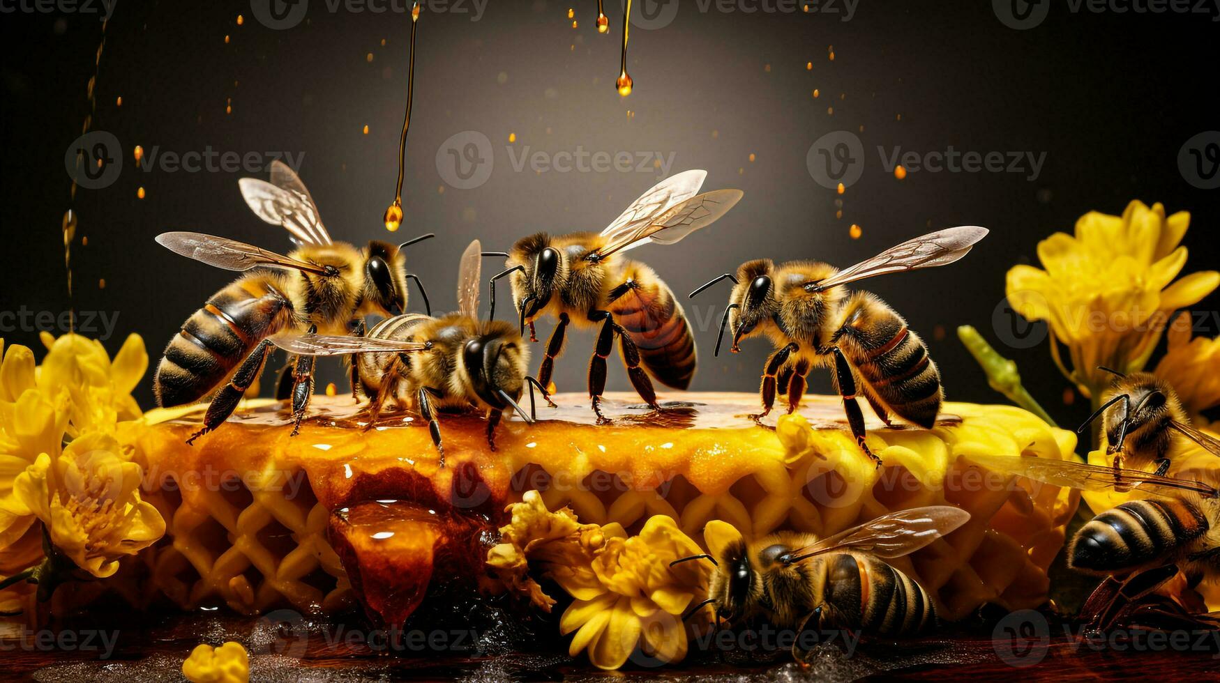 honey bee on honeycomb on dark background generative AI photo