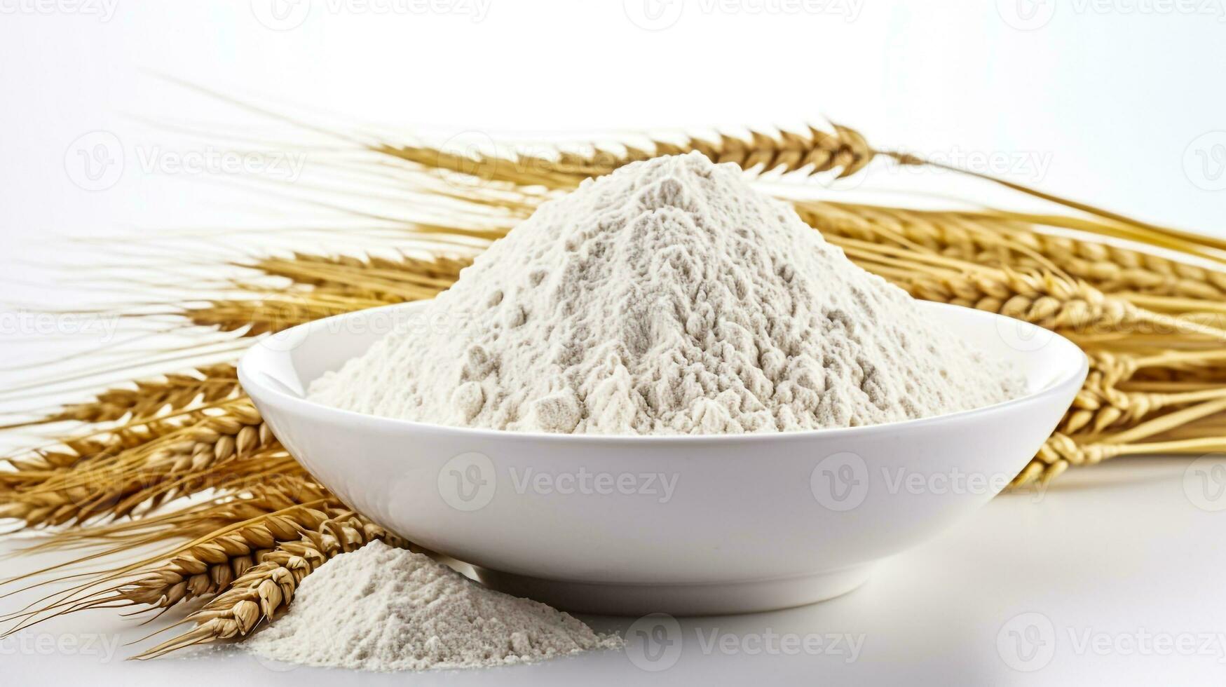 Wheat flour in white bowl on white background generative AI photo