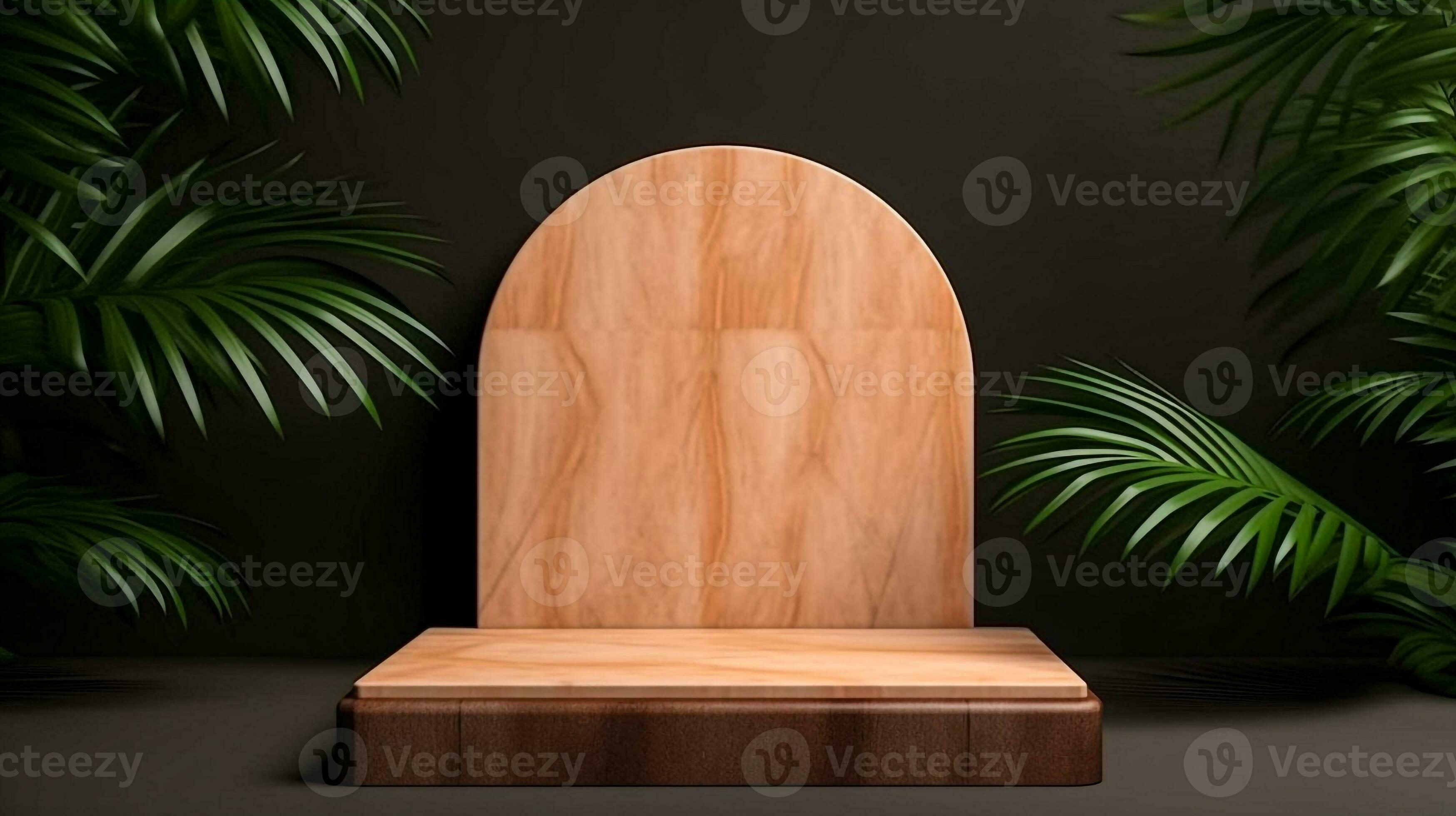 Wood podium with plant and black wall background generative AI 29639707