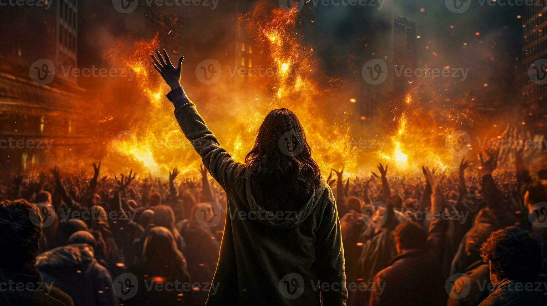 back view of a woman raising her hand in front of fire with people generative AI photo