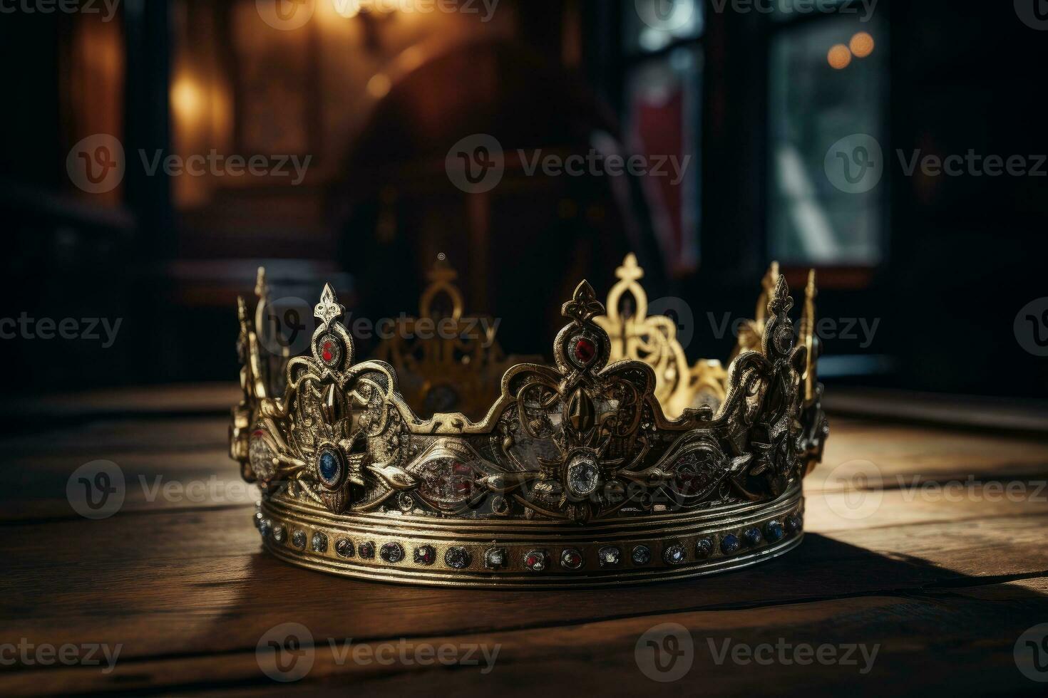 a golden crown on wooden background generative AI photo