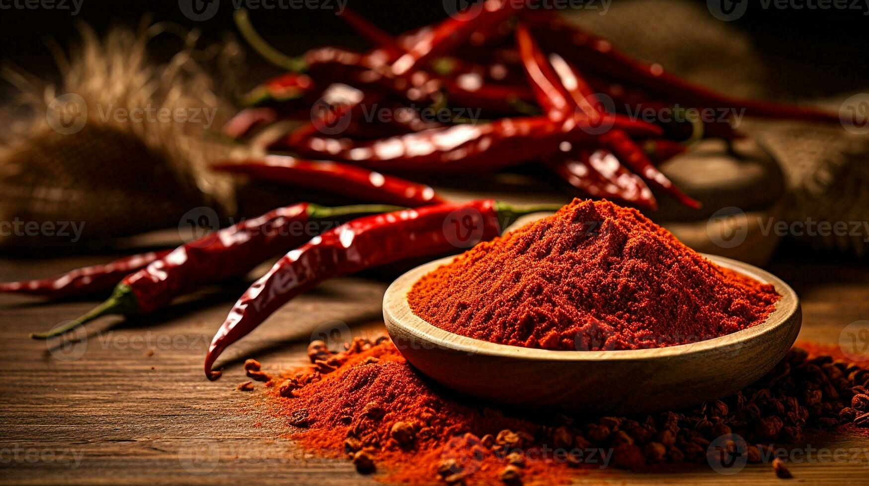 Chili flakes on wooden bowl with red chillies background generative AI photo