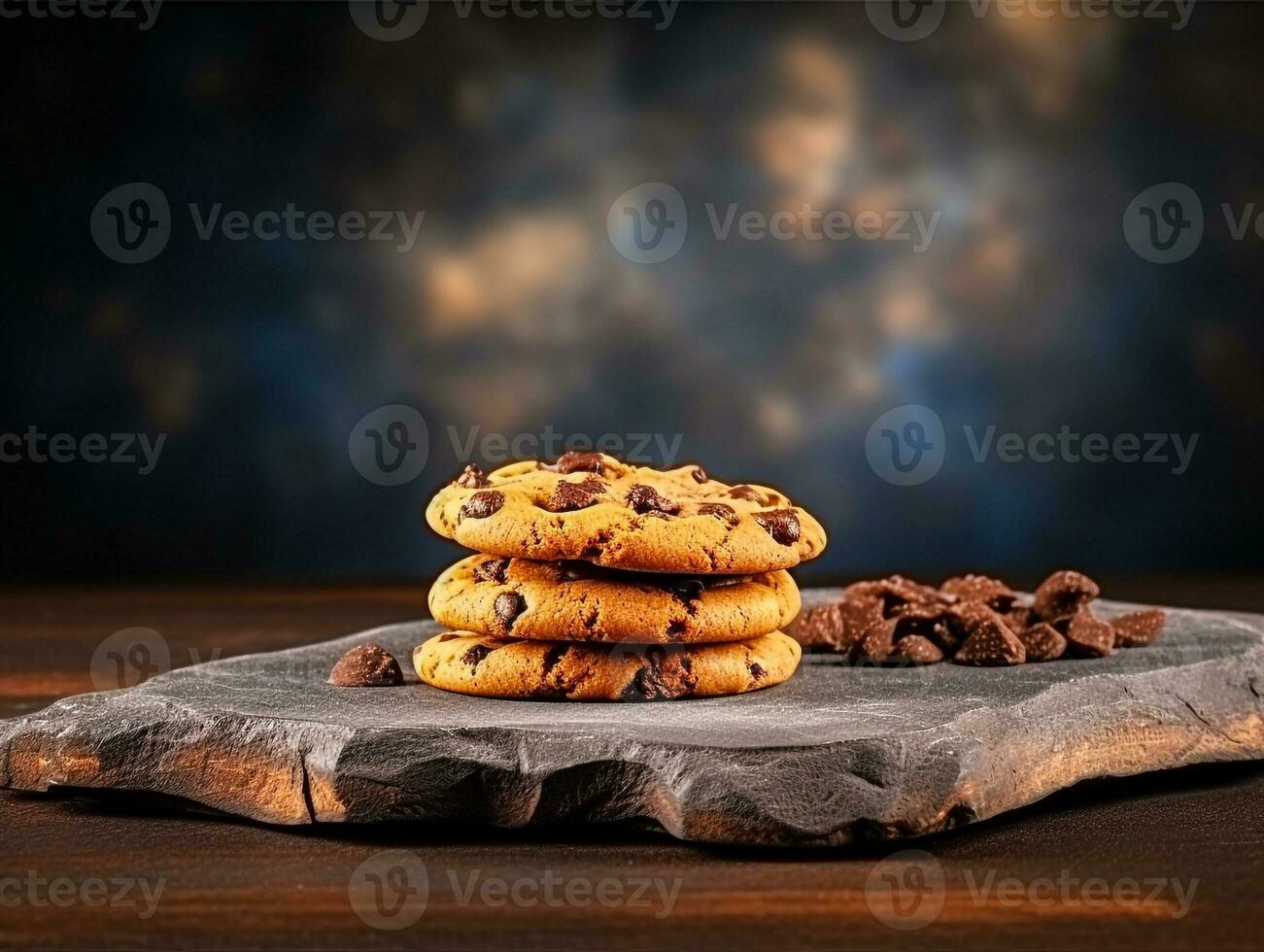 chocolate chip biscuit on stone table with dark background generative AI photo