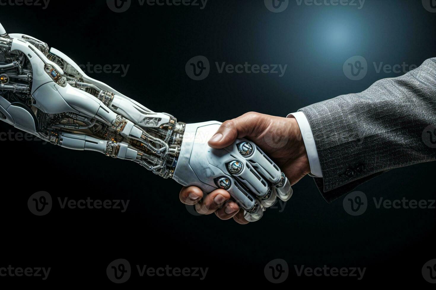 handshake of robot hand and human hand on dark background generative AI photo