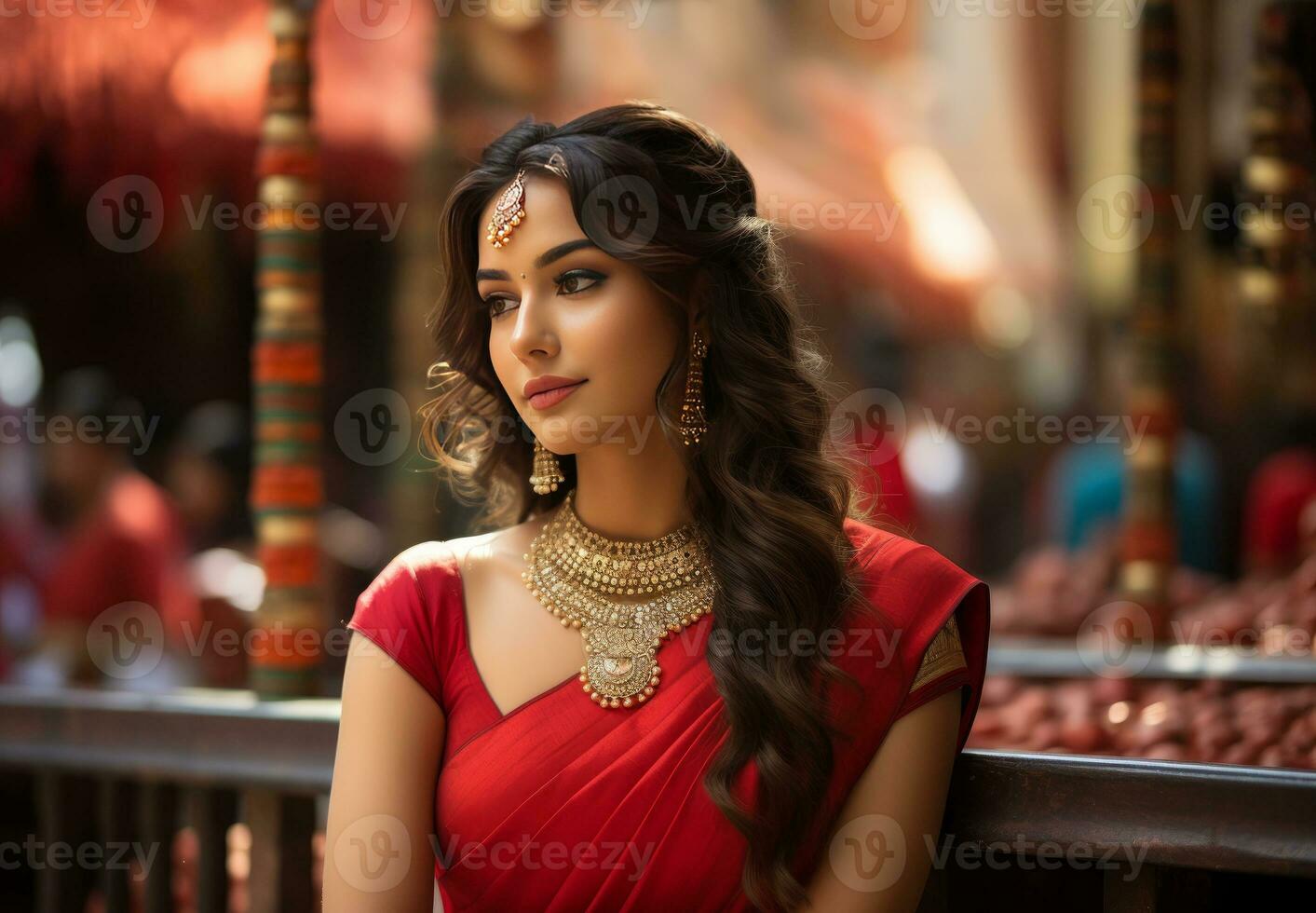 a girl wearing red kerala silk saree generative AI photo