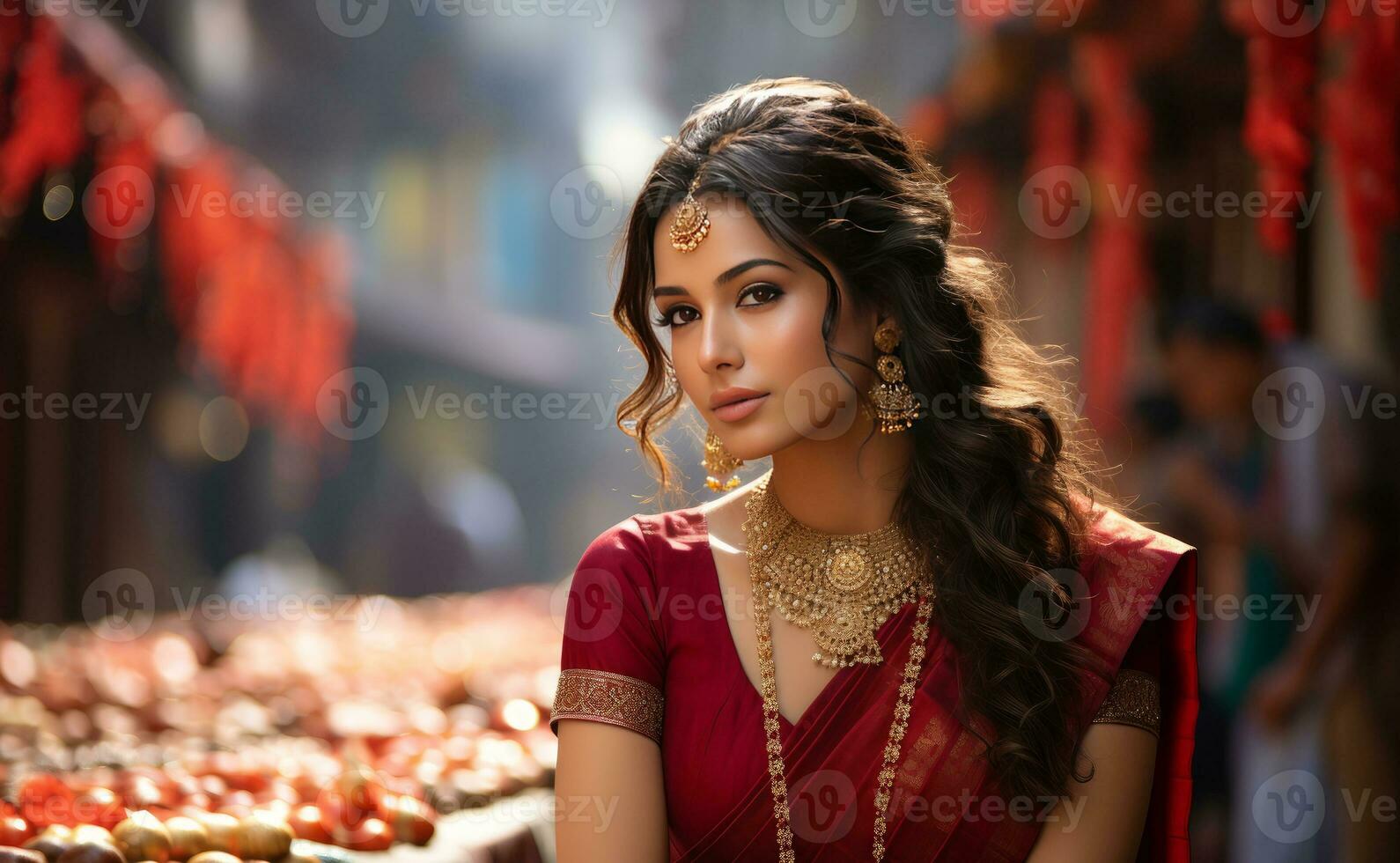 adorable girl wearing red kerala silk saree generative AI photo