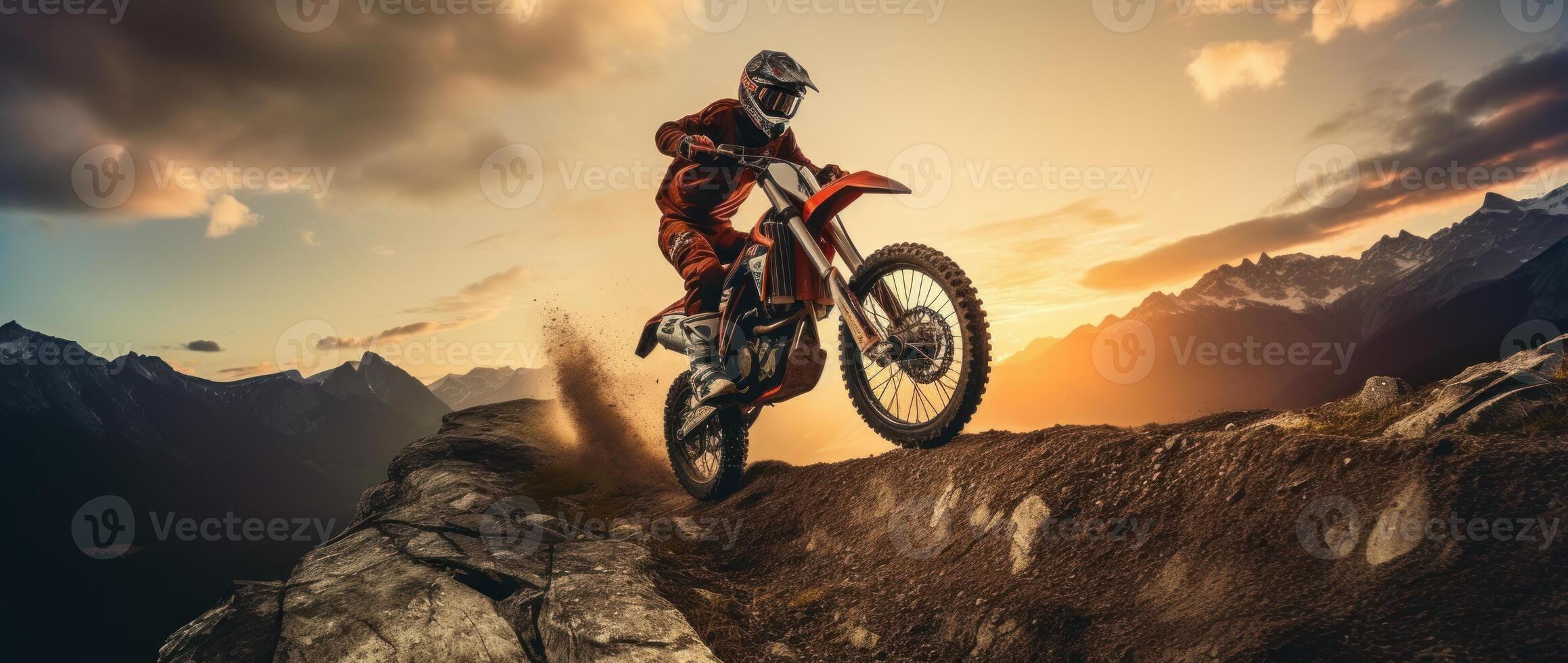 motorcycle rider jumping on a rock in mountain area generative AI