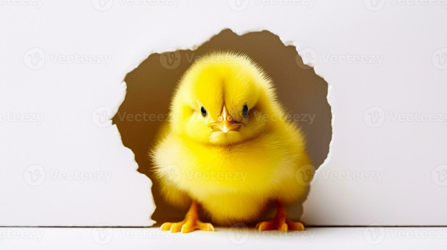 un amarillo polluelo en agrietado cáscara en blanco antecedentes generativo ai foto