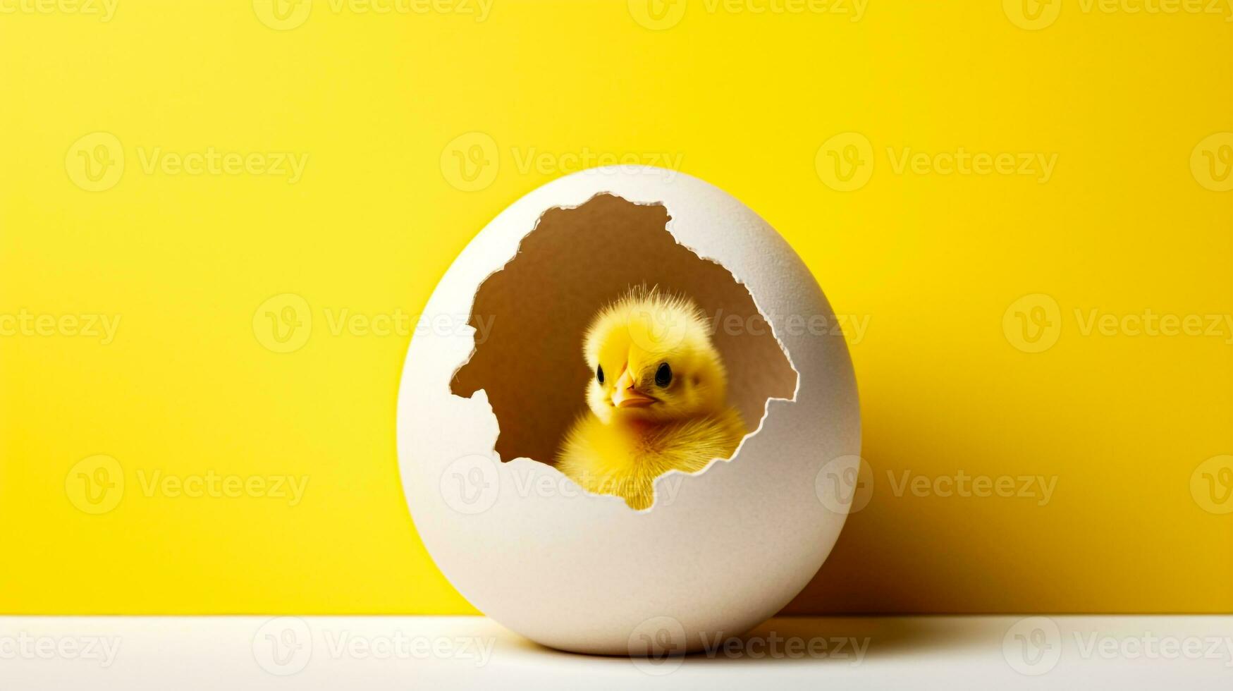 a yellow chick in cracked egg on yellow background generative AI photo