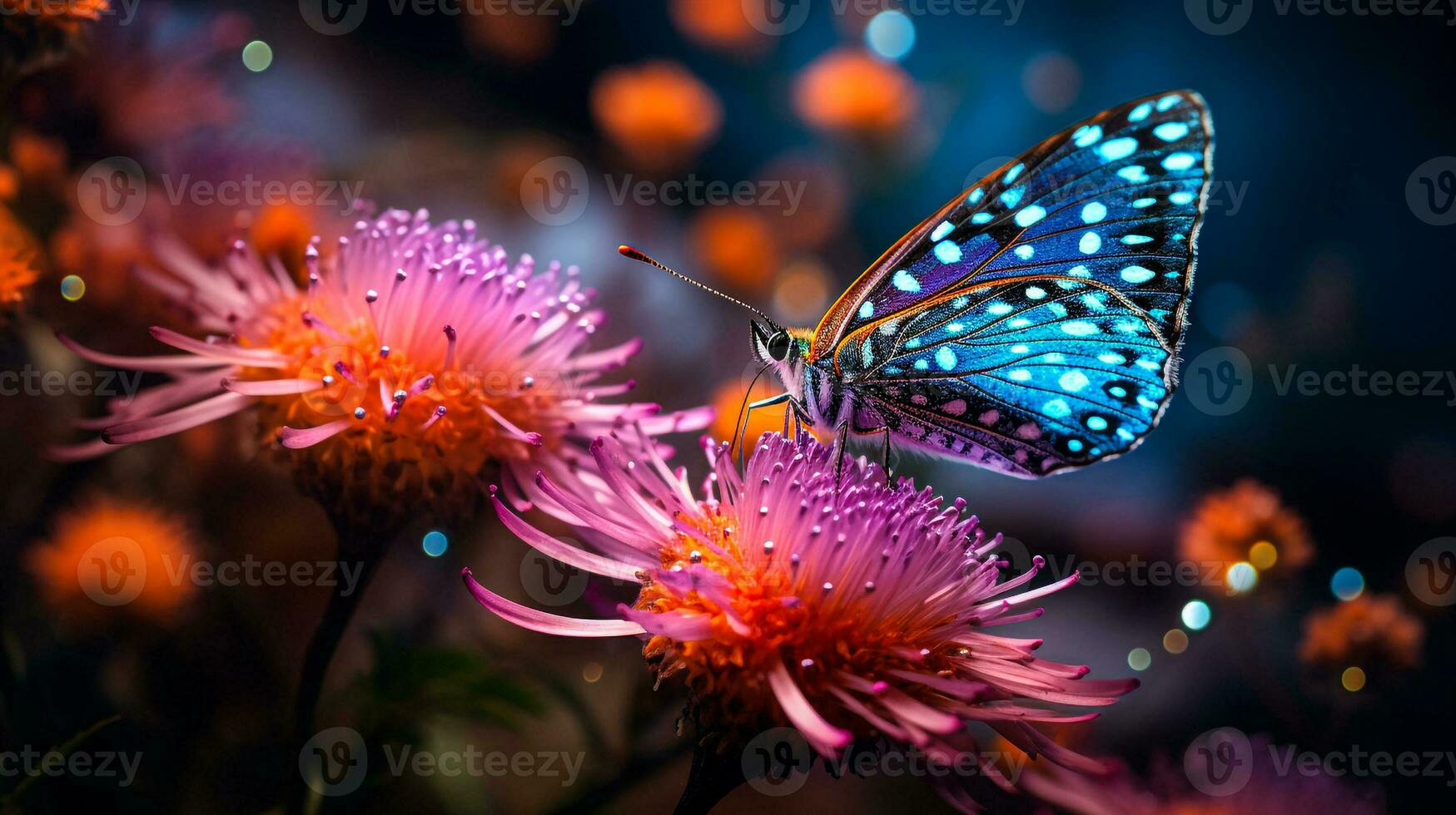 hermosa azul mariposa en flor generativo ai foto