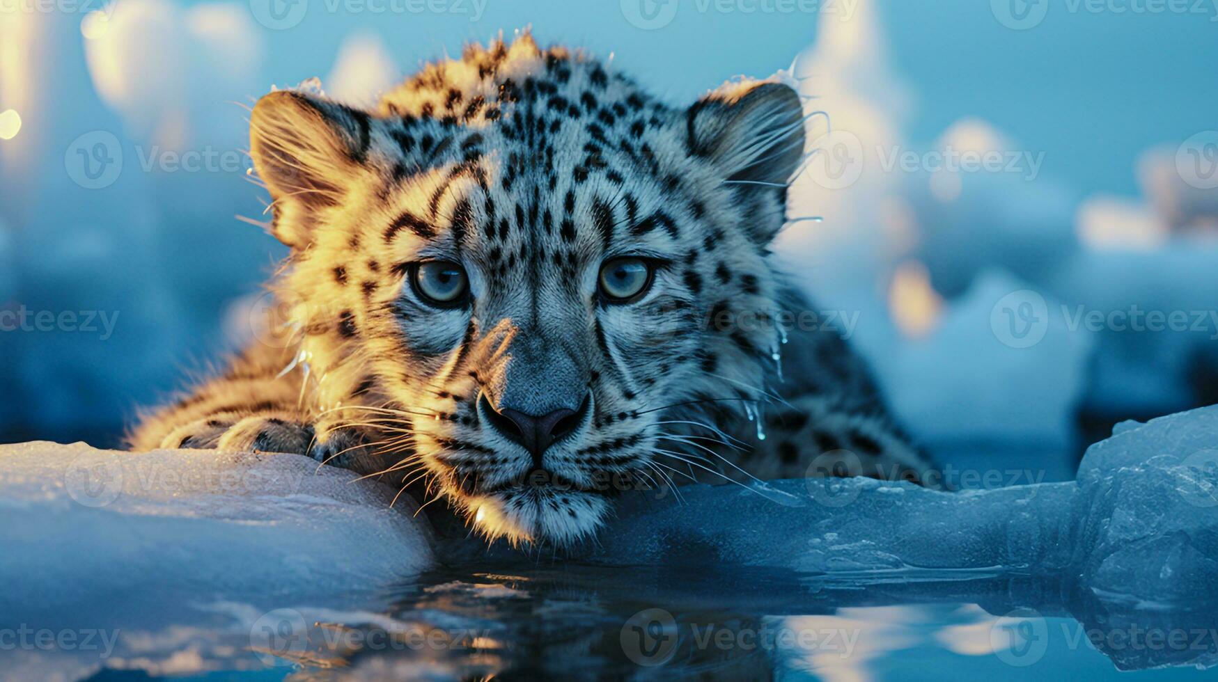 beautiful cheetah laying on ice floor generative AI photo