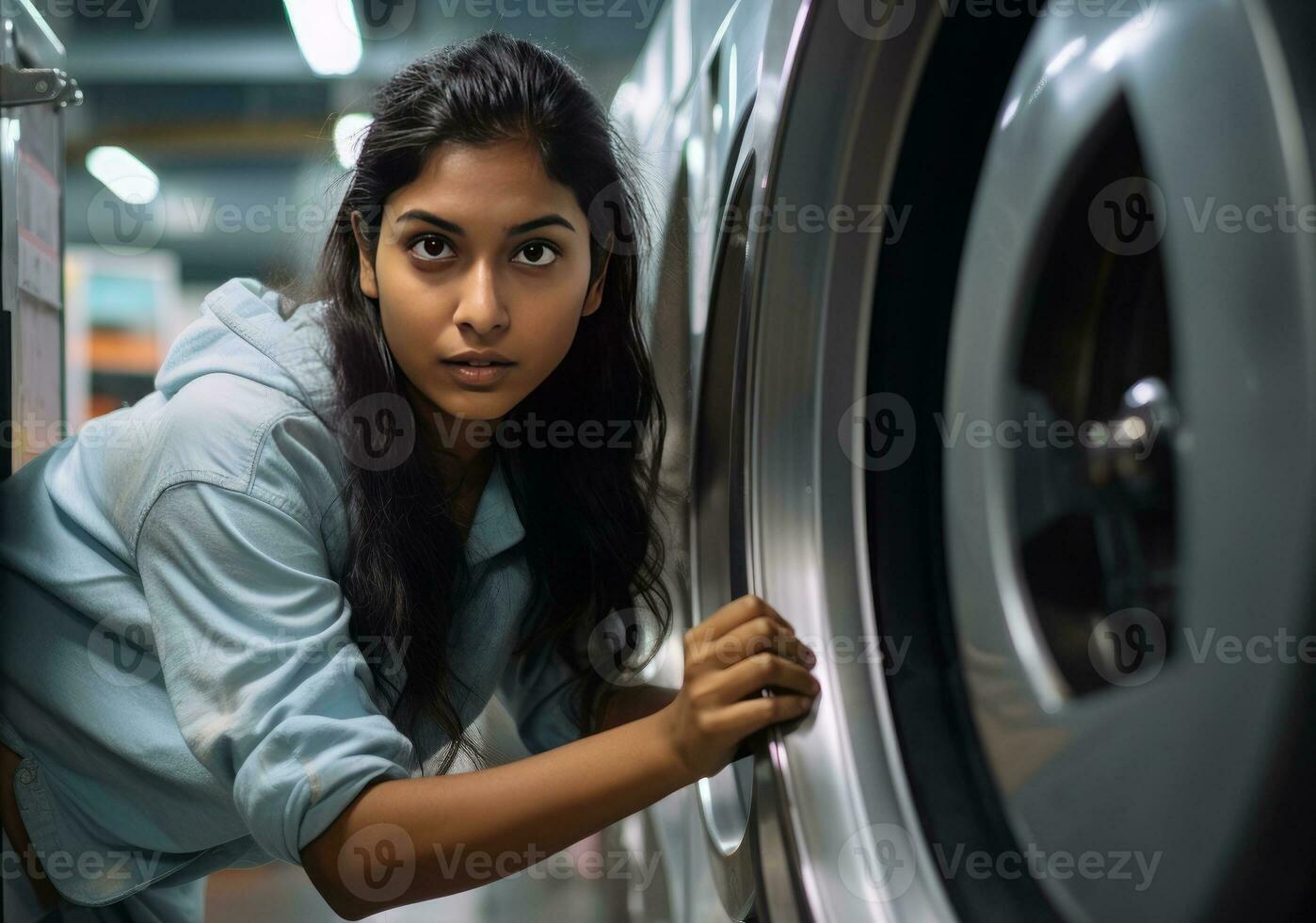 photo of young girl standing near the washing machine generative AI