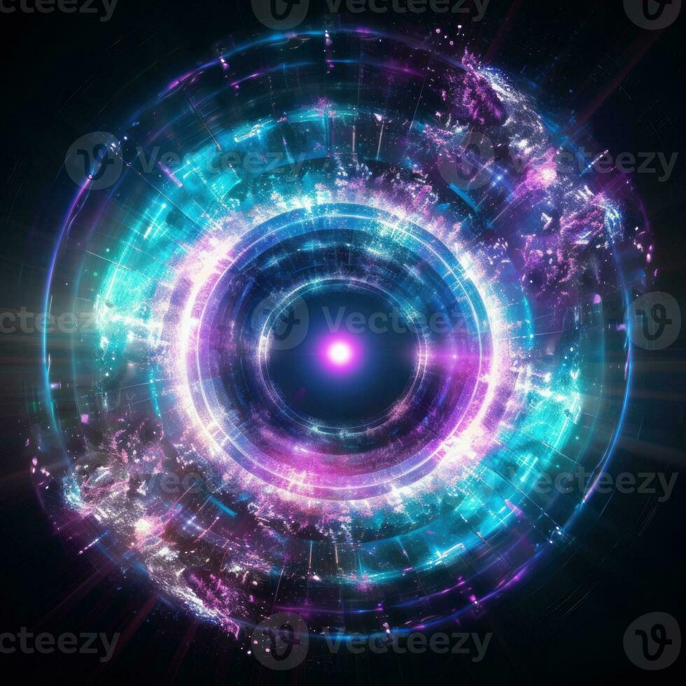 spiral circle blue purple neon light rays on dark background generative AI photo