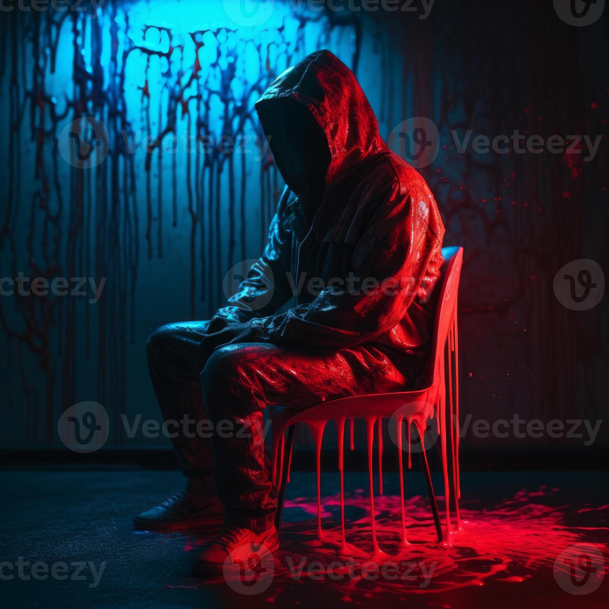 a dark shadow hooded man sitting on chair generative AI 29640250 Stock  Photo at Vecteezy