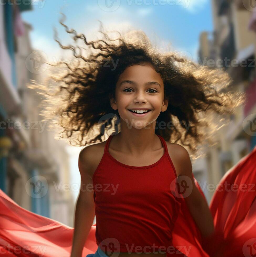 a little girl in red dress running with blowing hair generative AI photo