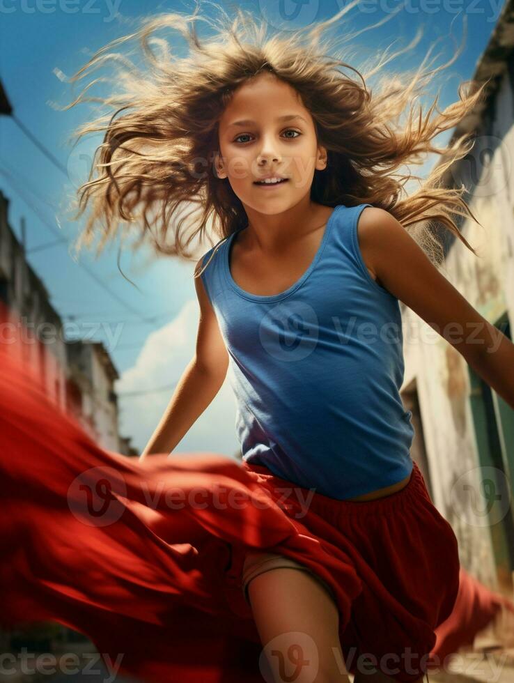 un pequeño niña en azul parte superior y rojo vestido vestir corriendo con soplo pelo generativo ai foto