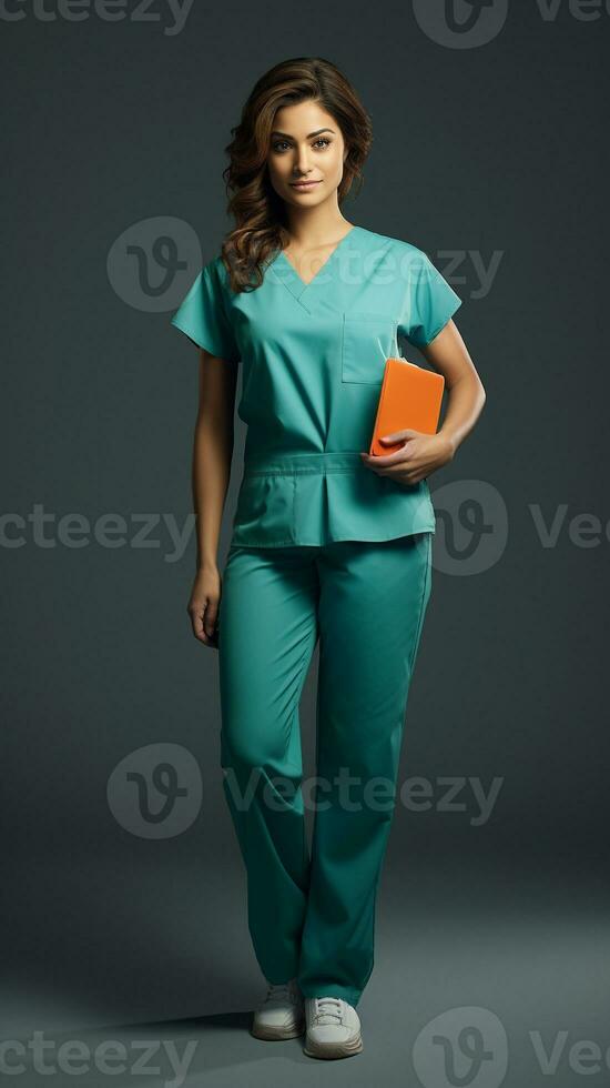 nurse wearing blue scrubs on dark background generative AI photo