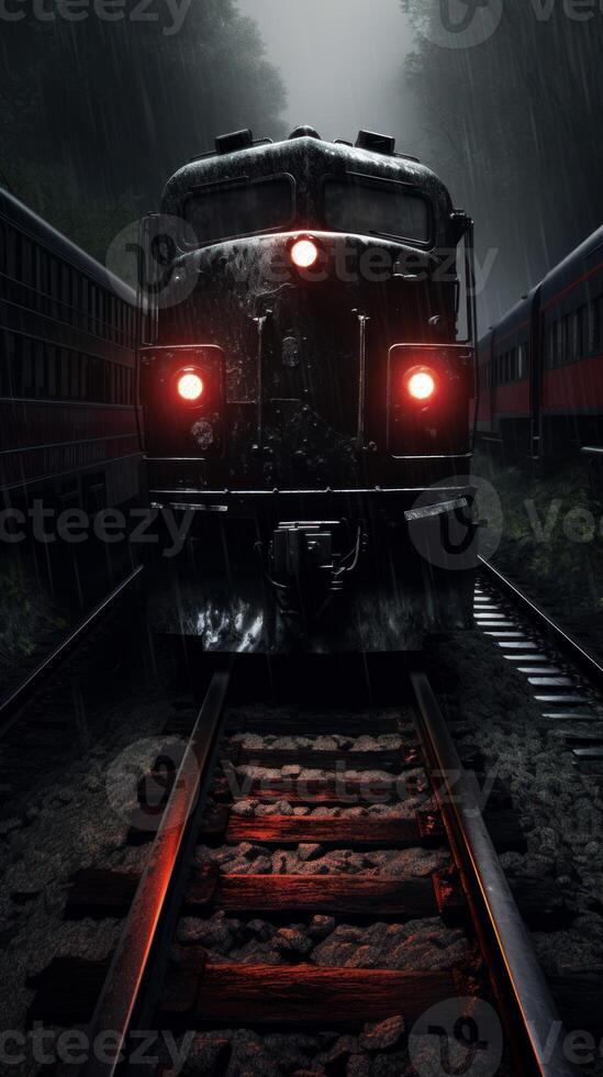 a scary train running on track in dark forest generative AI 29640827