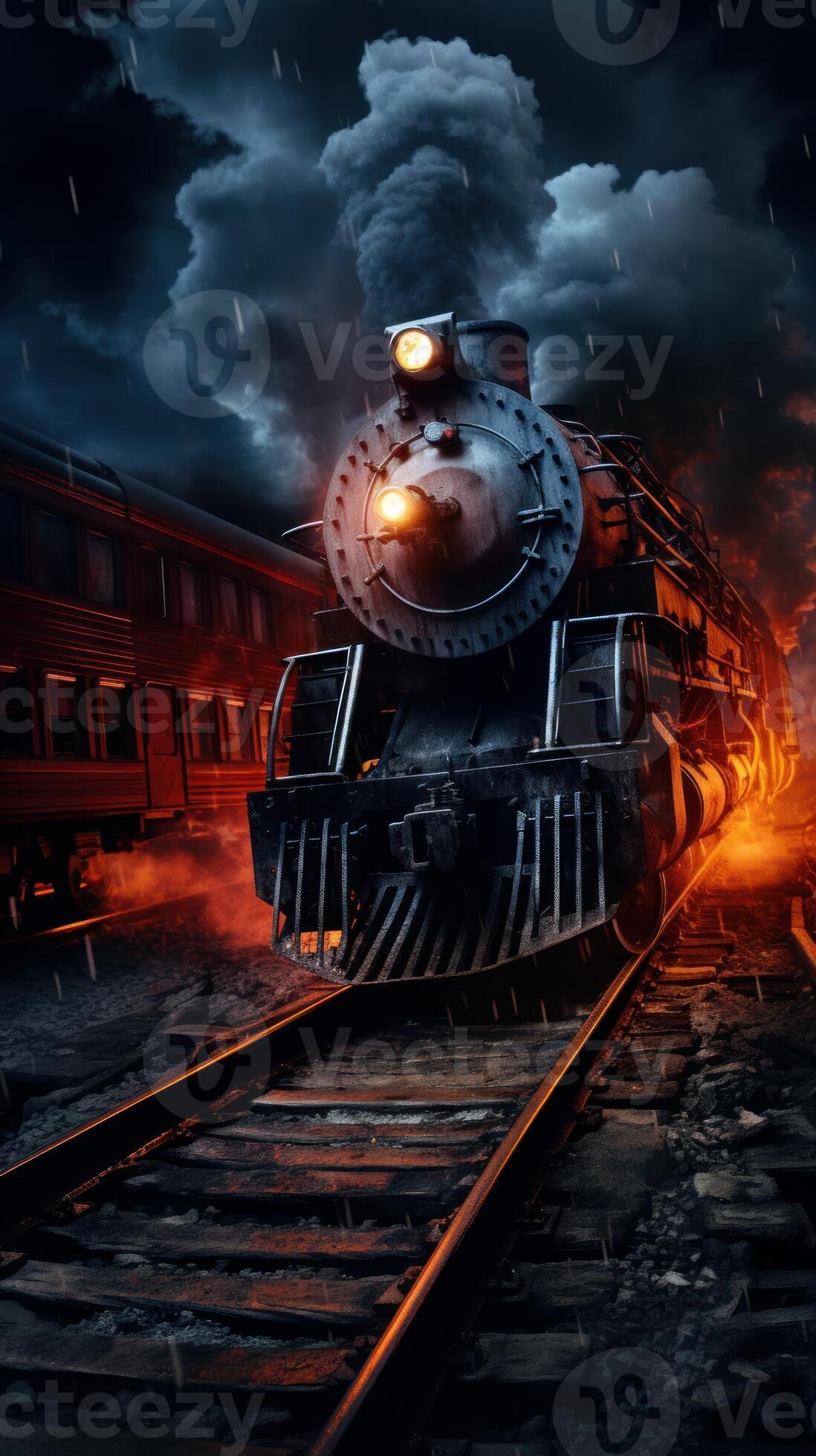 a scary train running on track at dark night generative AI 29640828