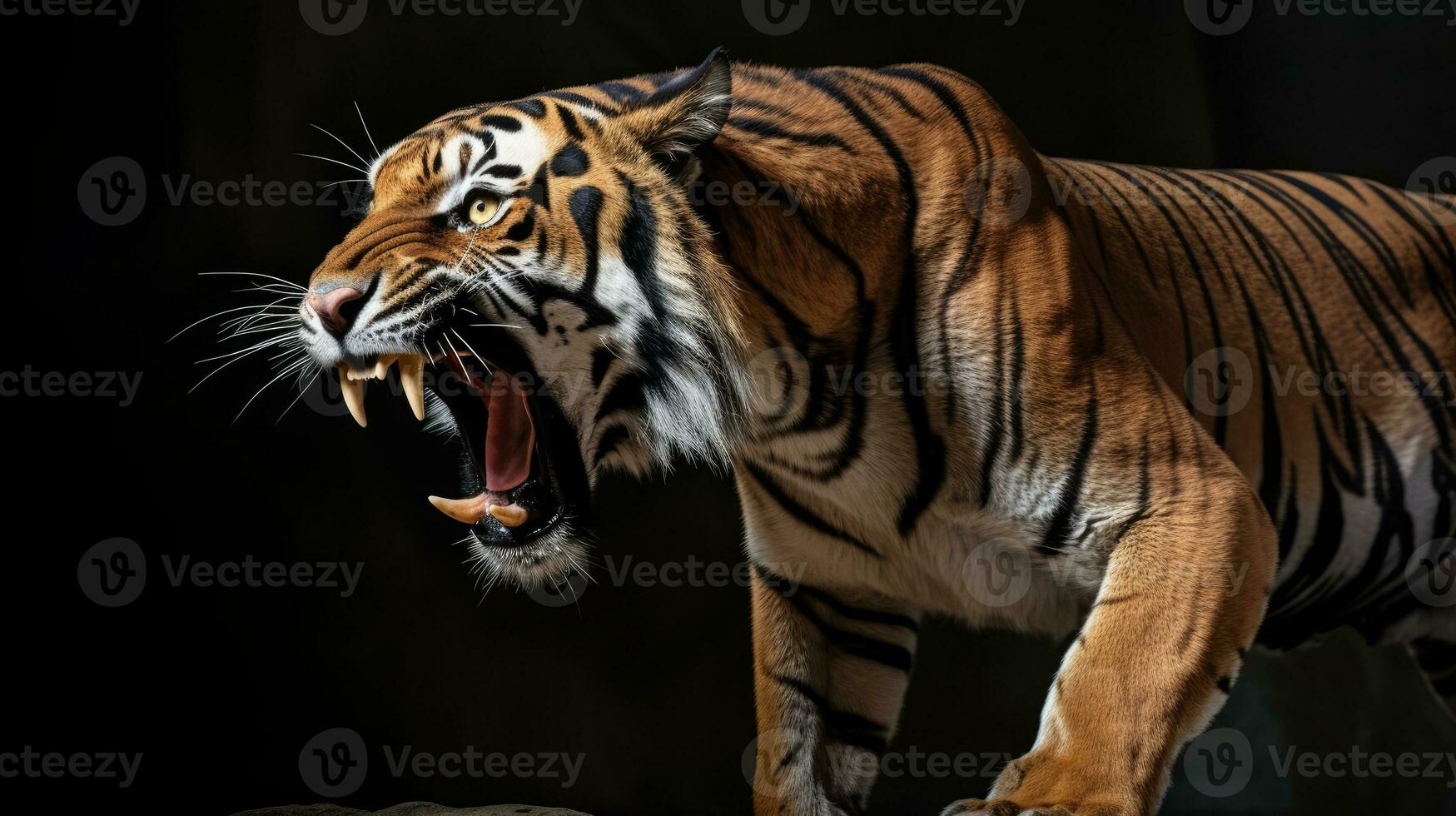 closeup of a wild tiger roaring on black background generative AI photo