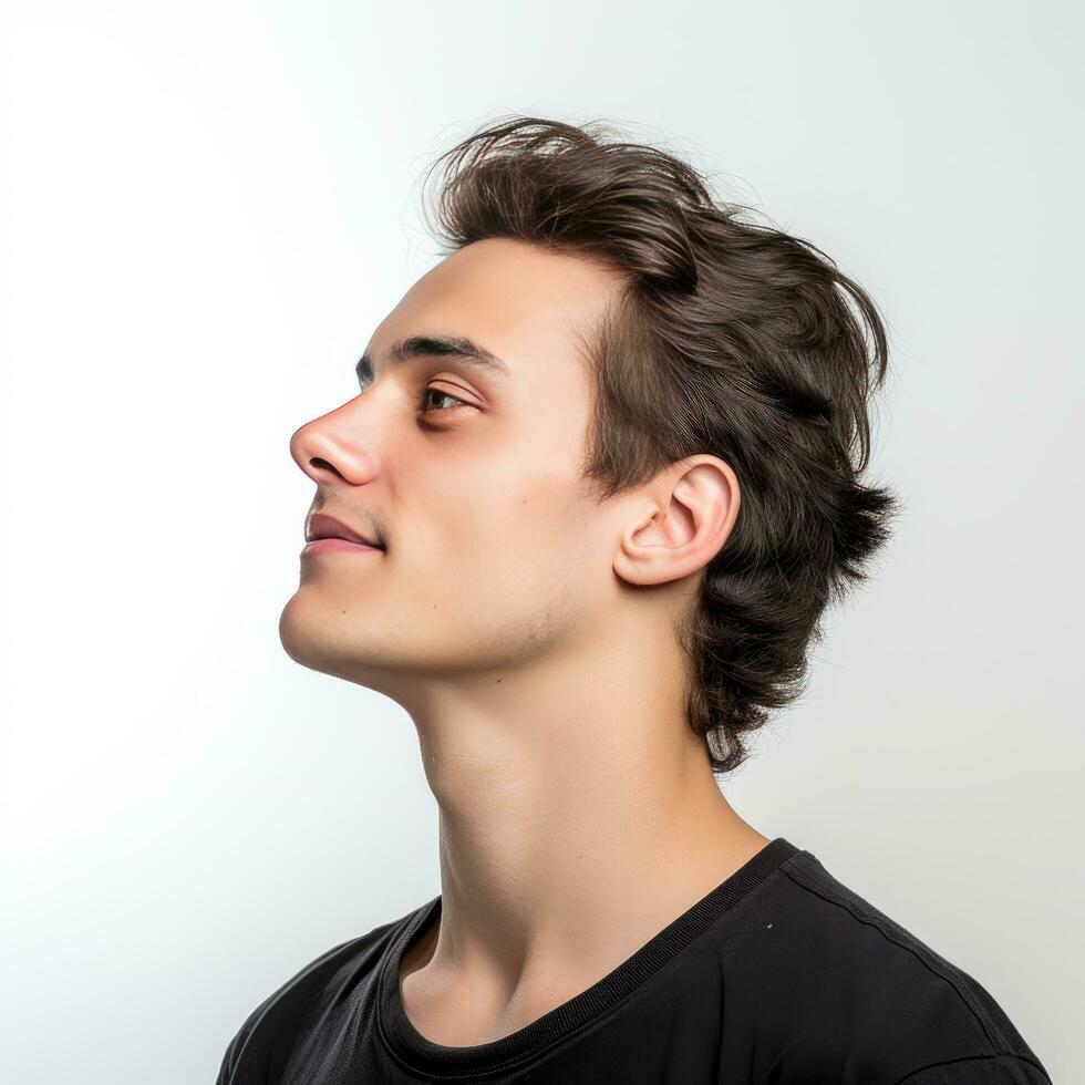 side view of a young man face on white background generative AI photo