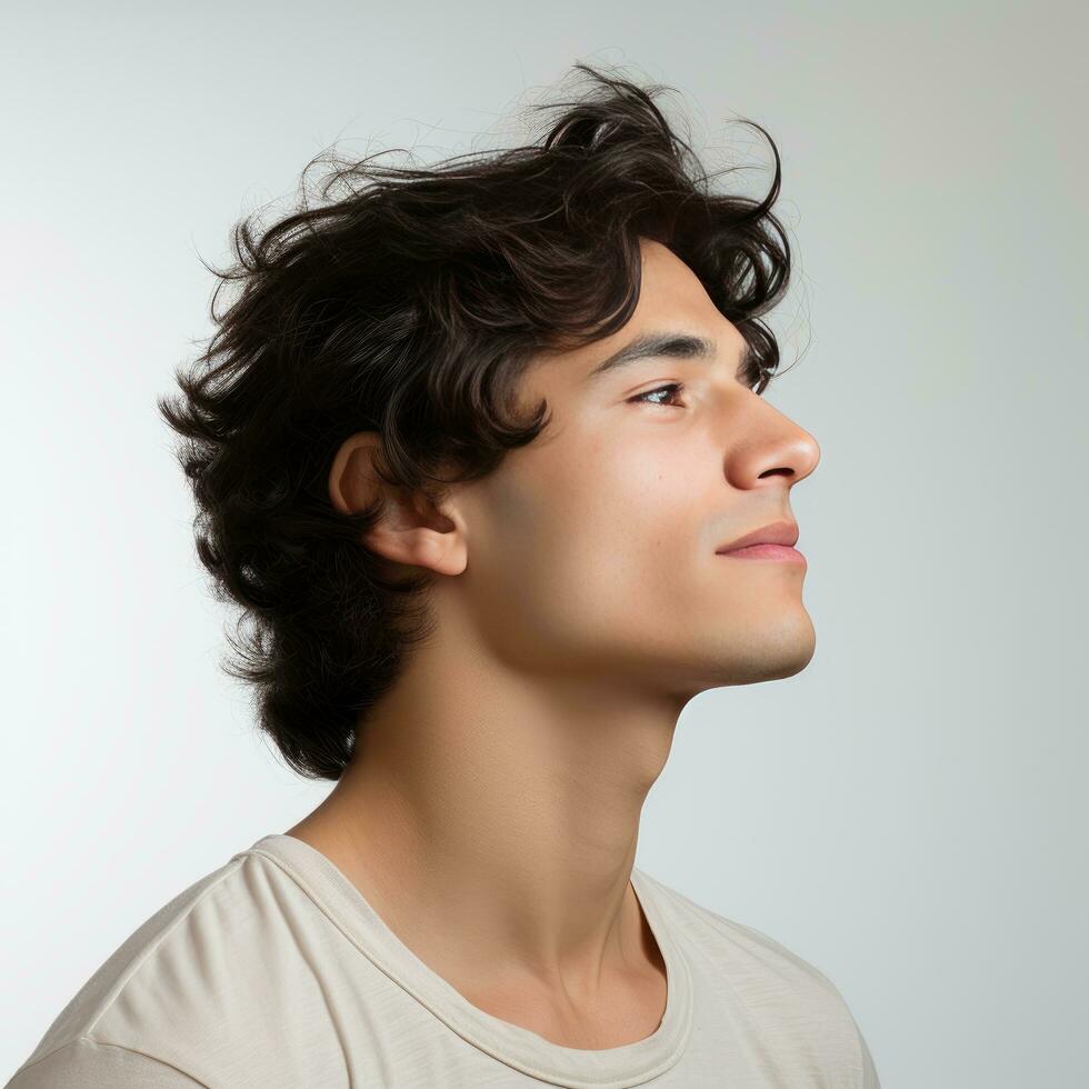 side view of a handsome young man face on white background generative AI photo