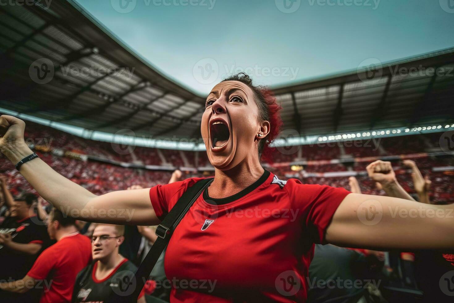 a football supporter woman cheering in stadium generative AI photo