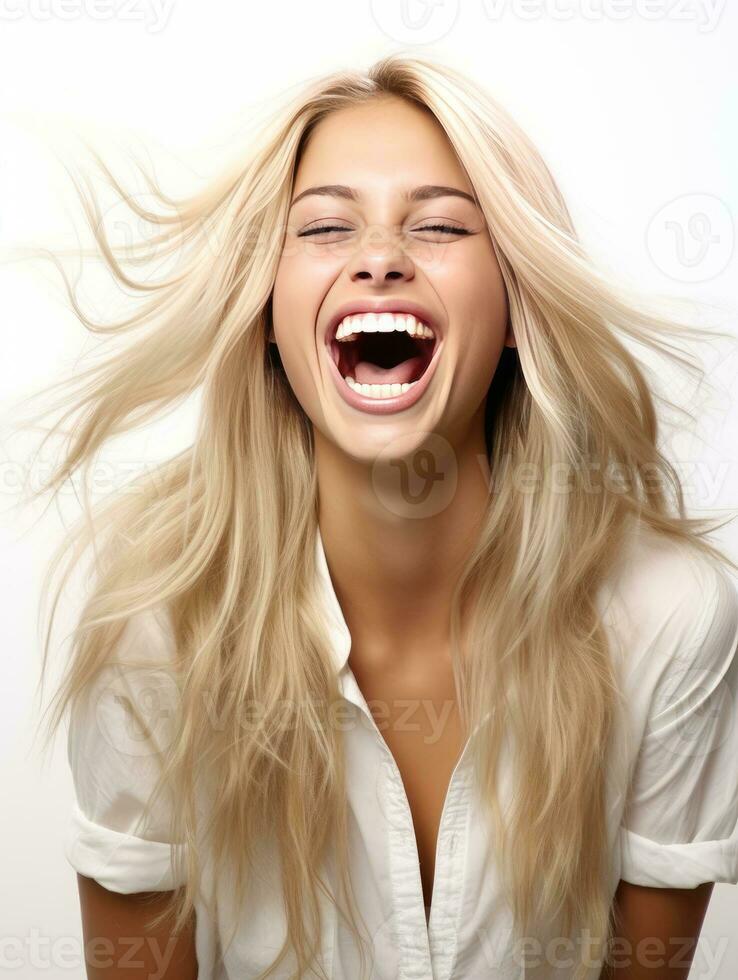a laughing woman with long straight blonde hair on white background generative AI photo