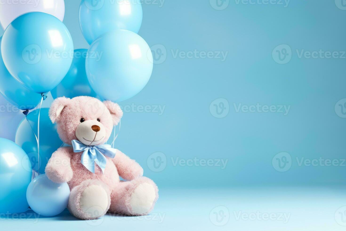 a light pink teddy bear with blue balloons on sky blue background generative AI photo