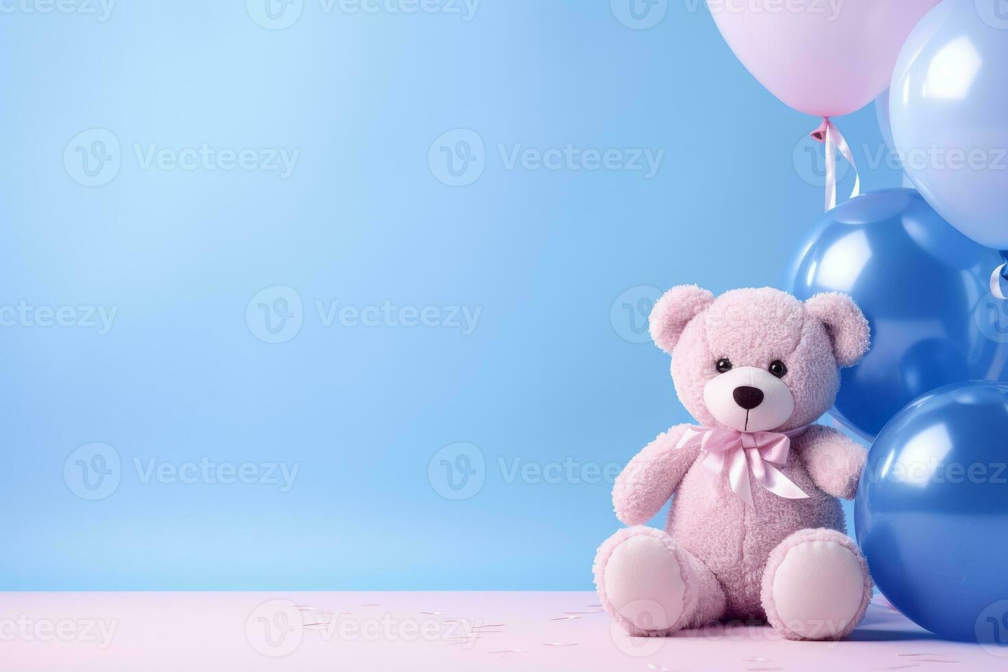 a light pink teddy bear with balloons on sky blue background generative AI photo