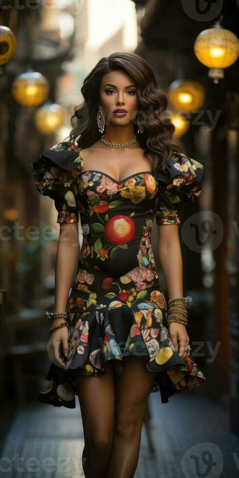 beautiful african woman wearing printed black dress generative AI photo