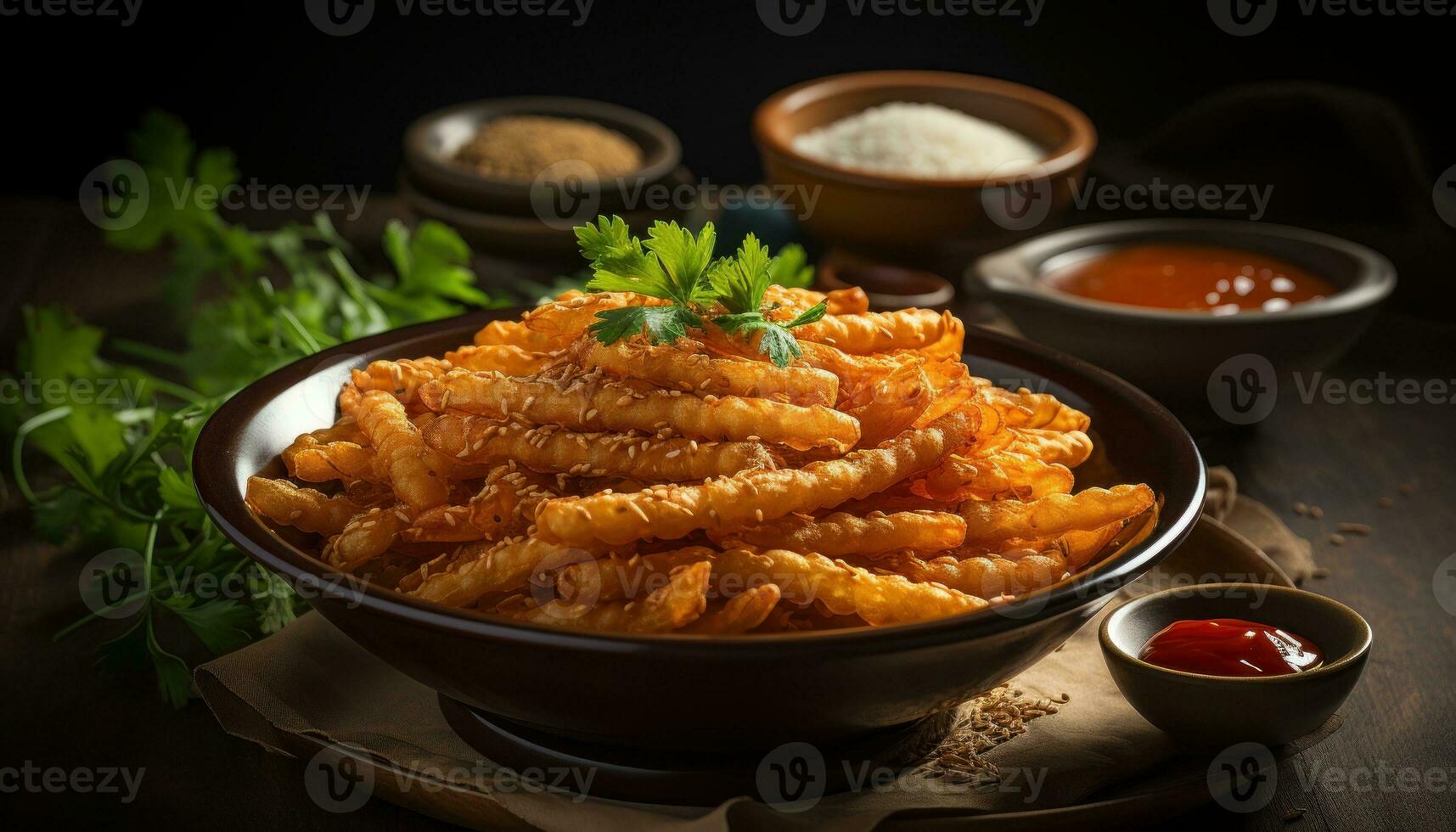 Murukku with chutney on white bowl generative AI photo