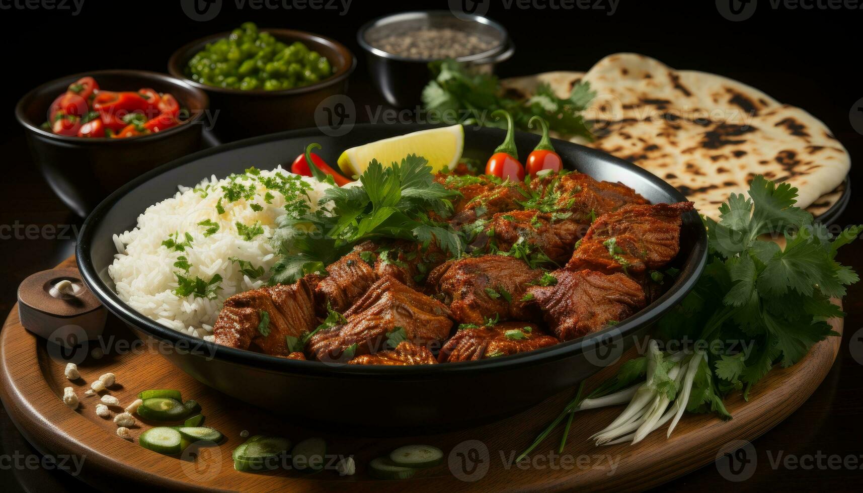 Rogan josh with rice and naan garnishing with coriander leaves generative AI photo