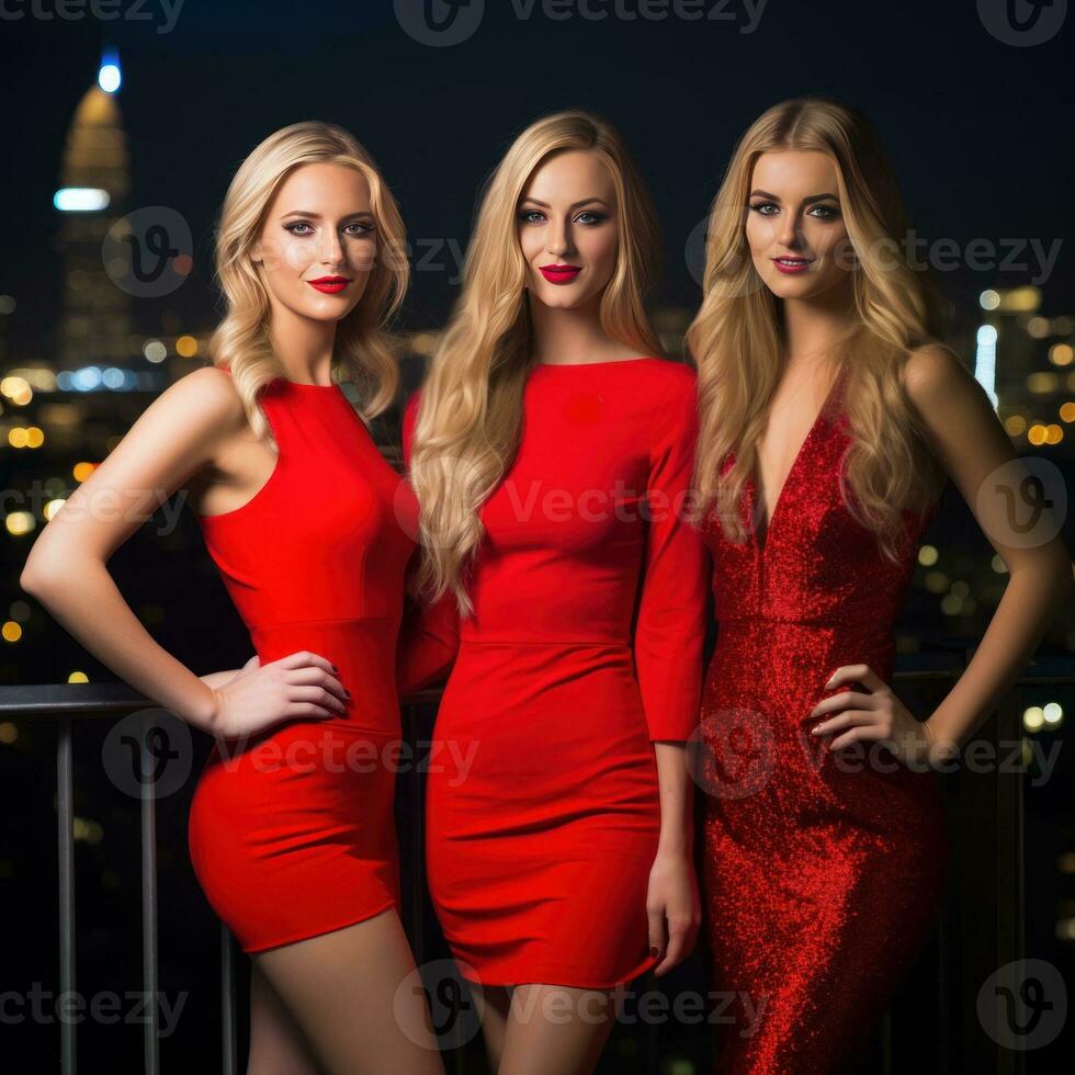 Three gorgeous female models in red dress generative AI photo