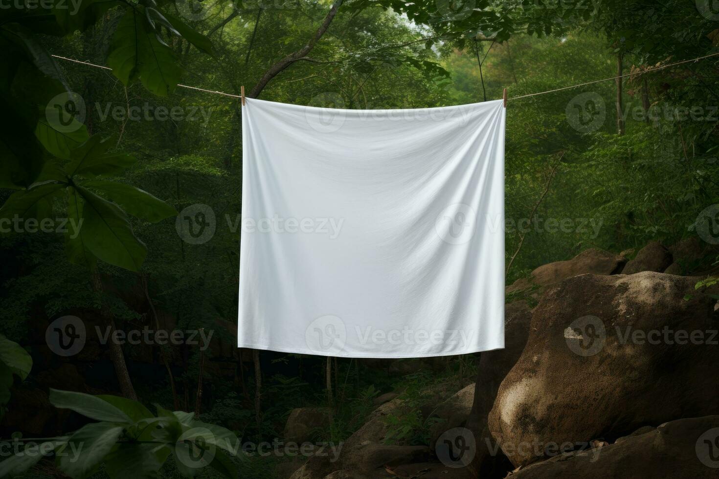 white cloth hanging on rope in forest generative AI photo