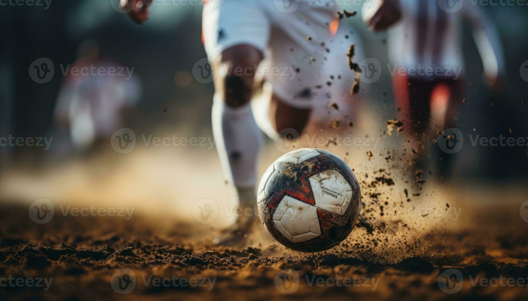 soccer ball kicked by soccer player on muddy area generative AI photo