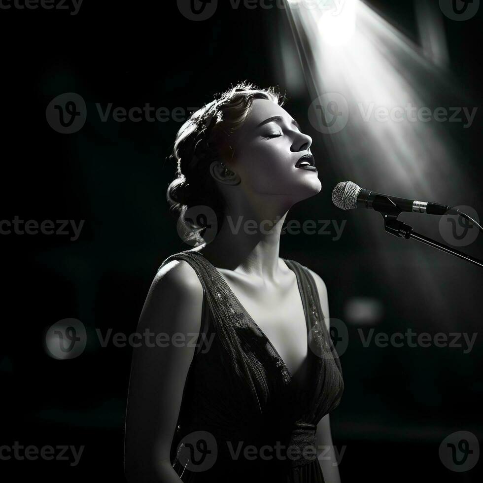 black and white photo of a female classical music singer singing on stage generative AI