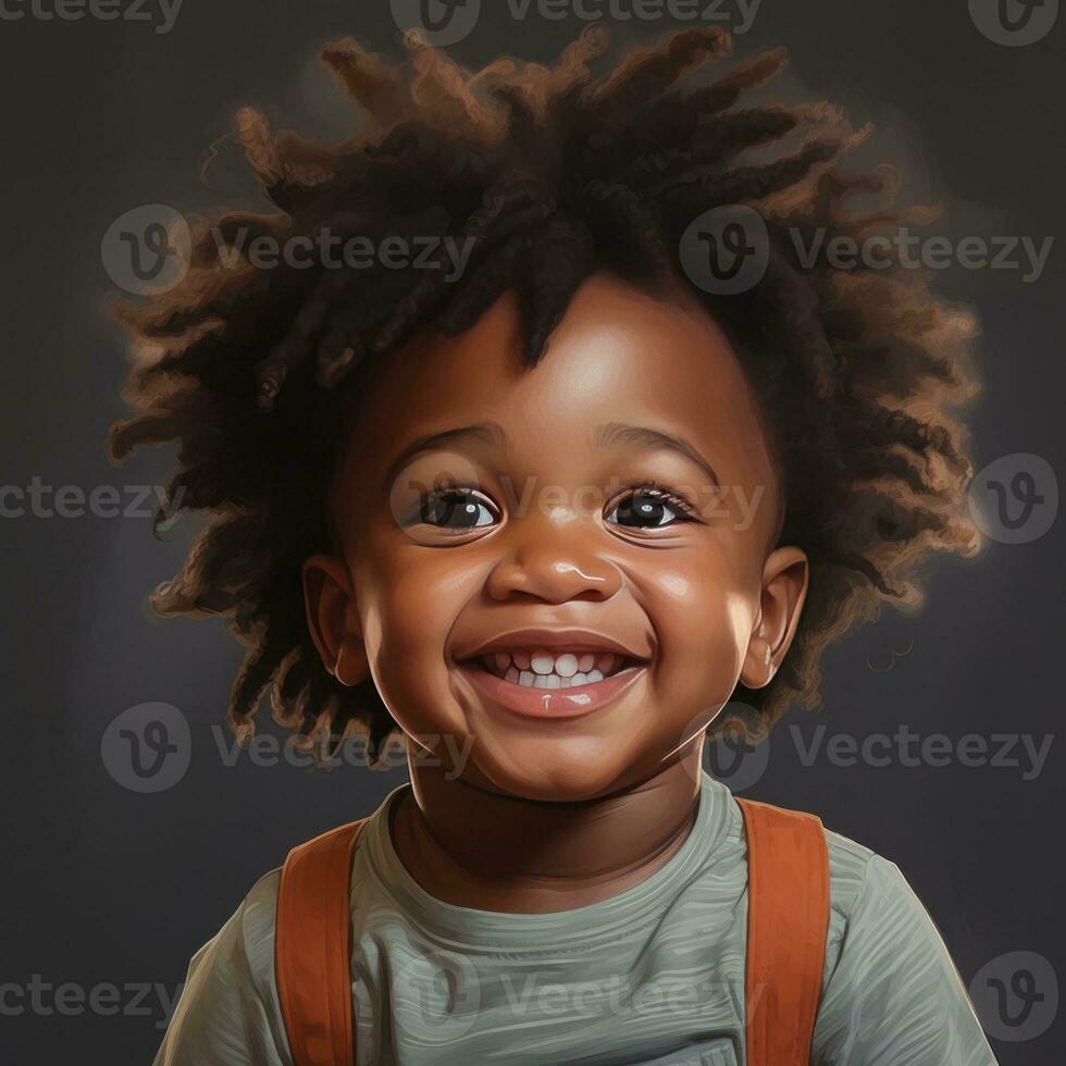 cute black baby smiling on black background generative AI photo