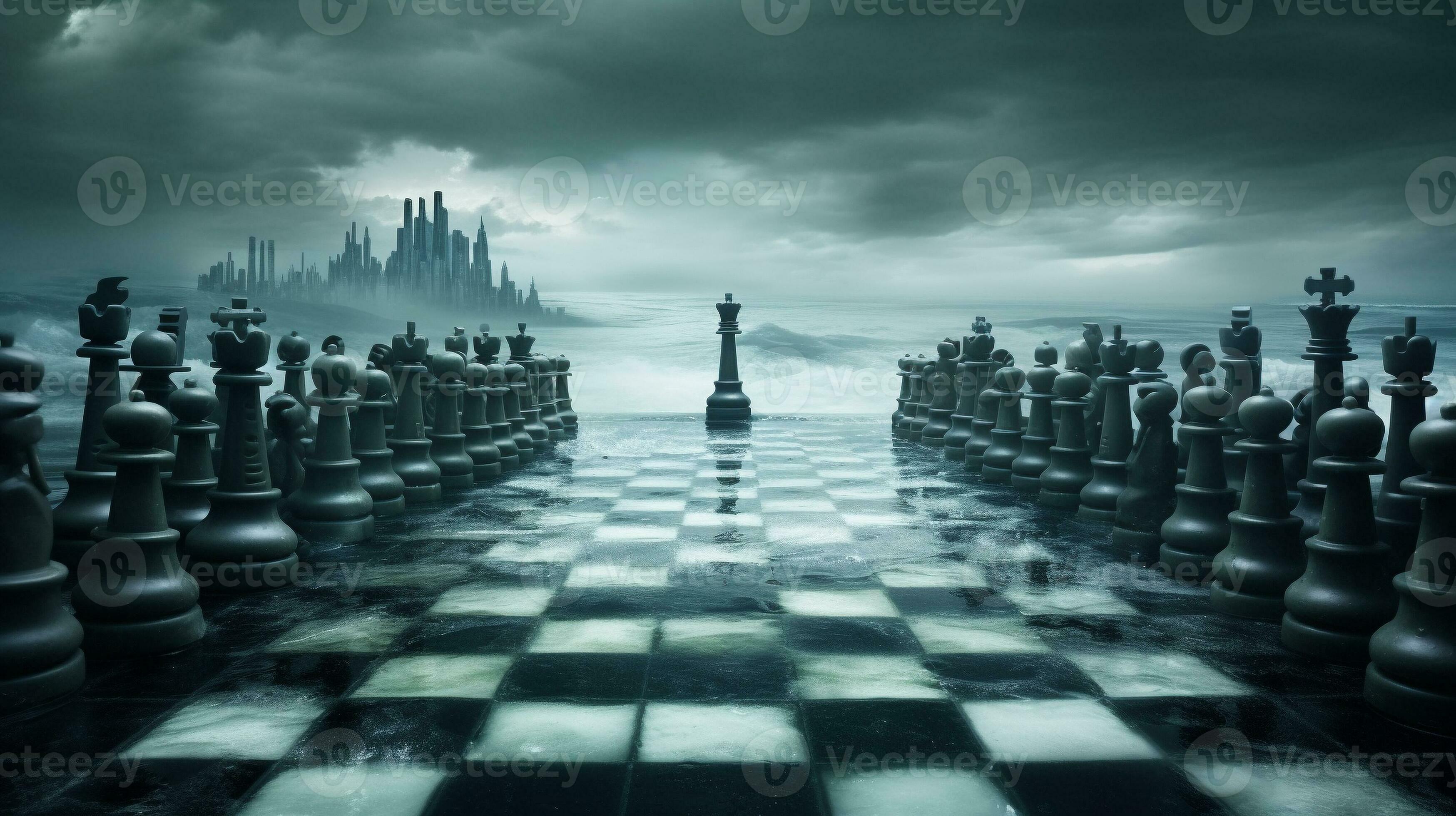 a chess game with scary dark clouds background generative AI