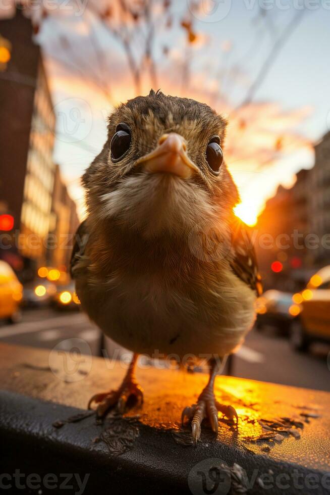 a cute bird sitting on road at sunset generative AI photo