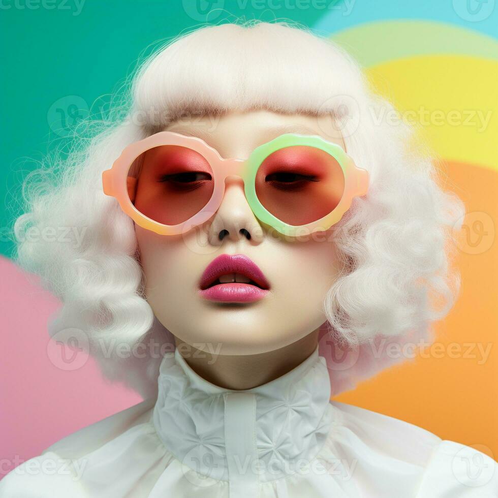 a pop art photo of a woman wearing orange sunglasses on rainbow background generative AI