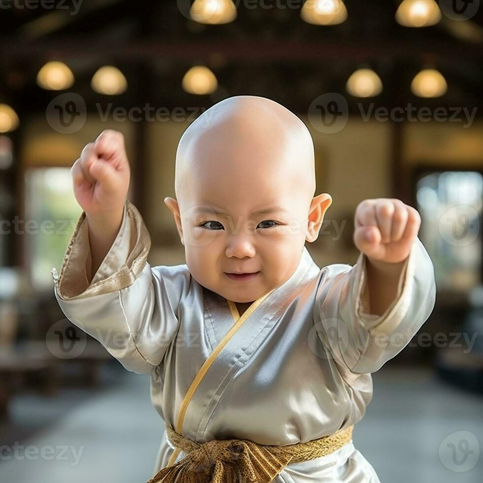 A cute Chinese baby is playing Chinese kung fu generative AI photo