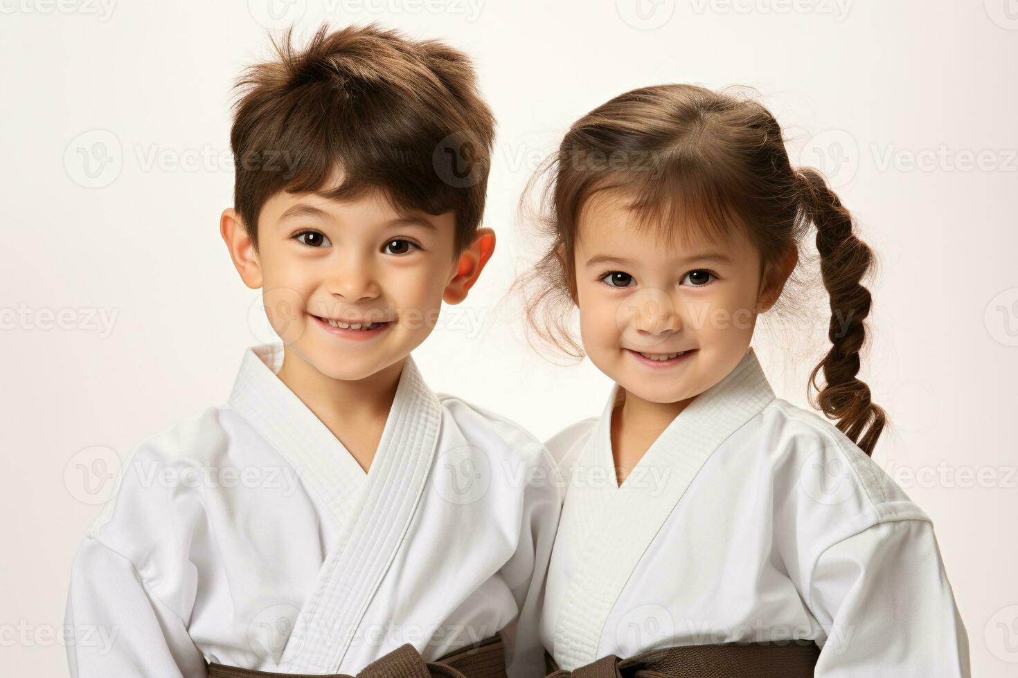 Two children in karate uniforms on white background generative AI photo