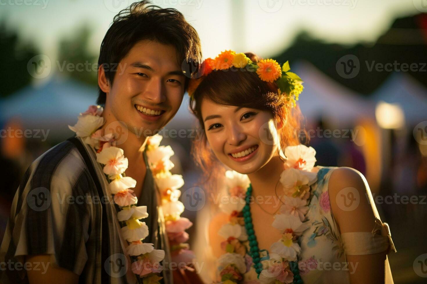a japanese happy couple wearing garland generative AI photo
