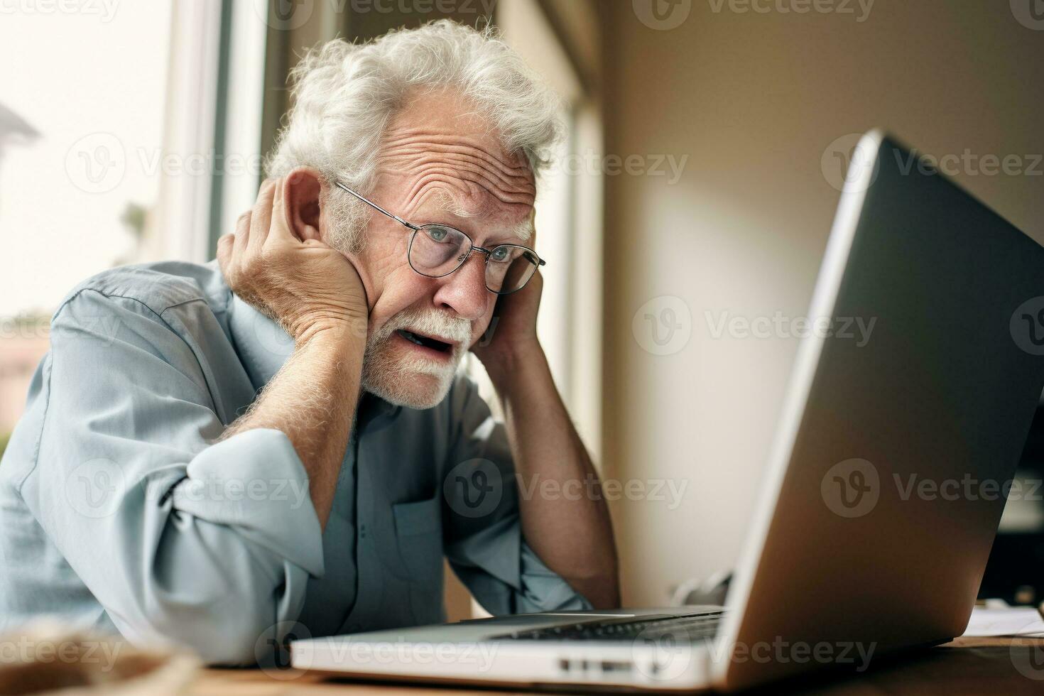 Old man scratching head while looking on the laptop generative AI photo