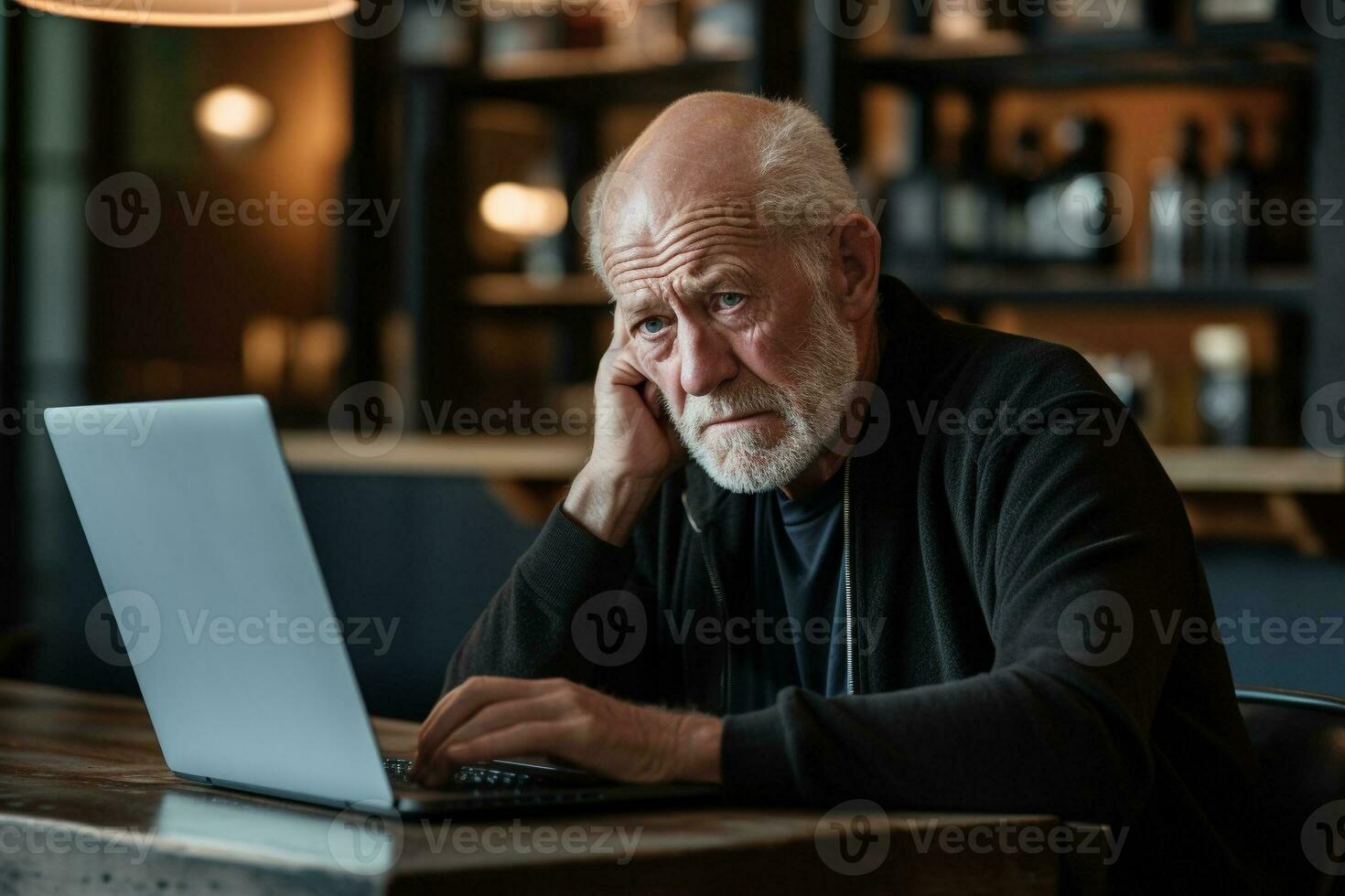 Old man scratching head while working on the laptop generative AI photo