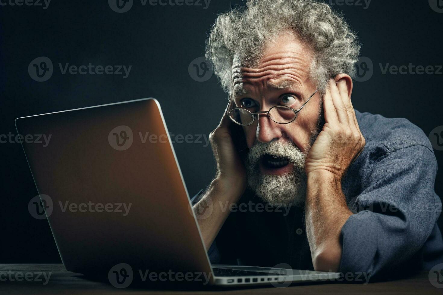 Old man scratching head while looking on the laptop on dark background generative AI photo